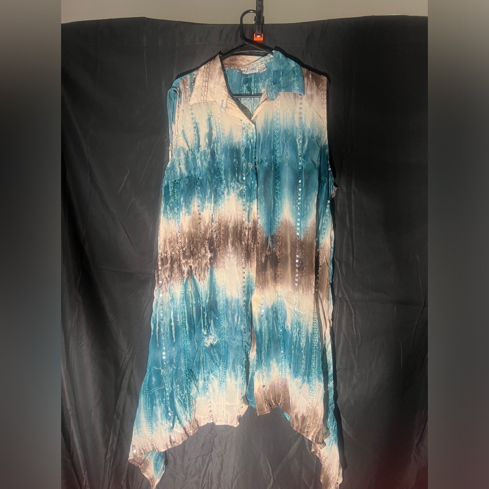 Blue and Brown Sleeveless Women's Top button up plus size 22 sleeveless